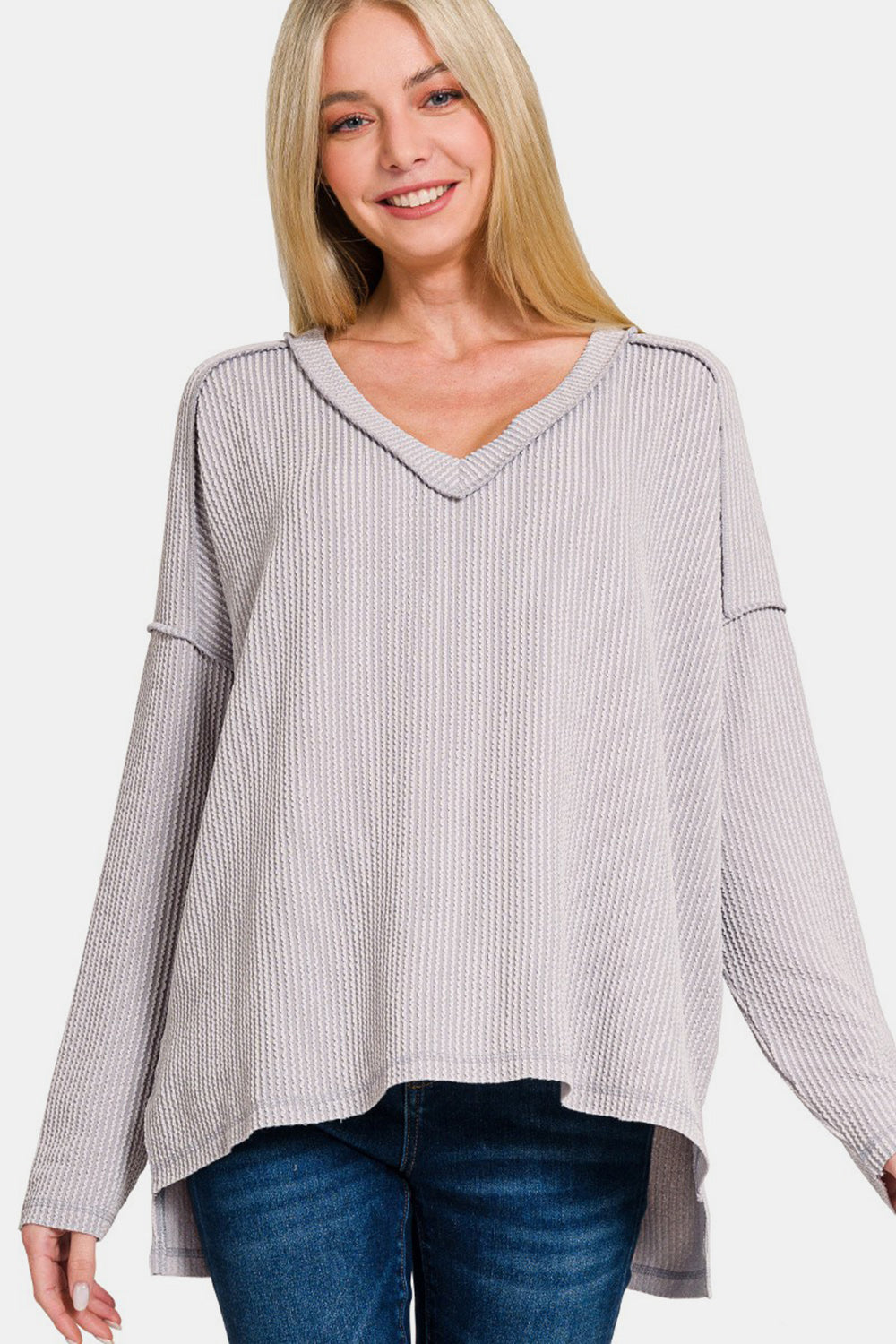 Zenana Texture Exposed Seam V-Neck Long Sleeve T-Shirt