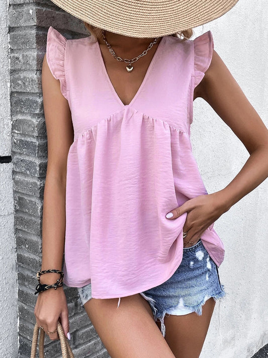 Blusa con mangas casquillo y cuello en V con volantes