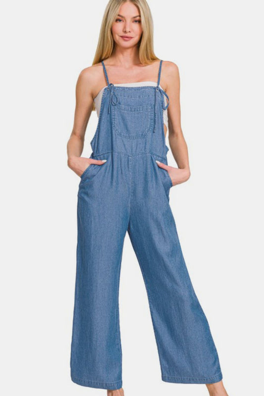 Zenana Washed Adjustable Strap Wide Leg Denim Overalls