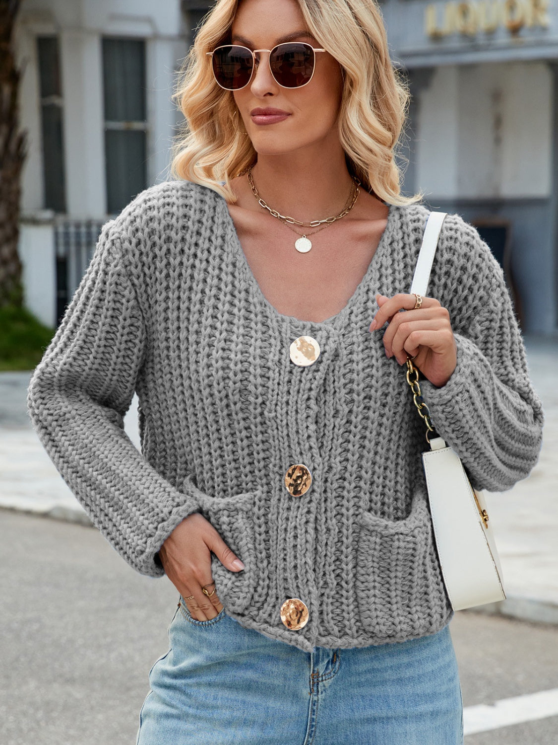 Round Neck Button Up Cardigan with Pockets