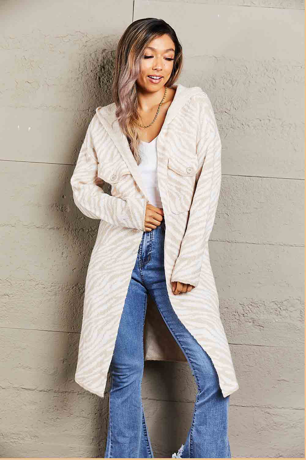 Printed Open Front Hooded Longline Cardigan