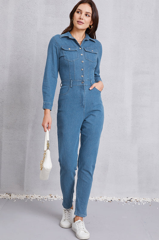 Jeans-Jumpsuit mit Druckknöpfen und Taschen