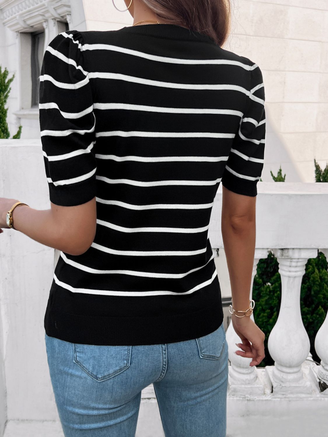 Striped Round Neck Puff Sleeve Knit Top