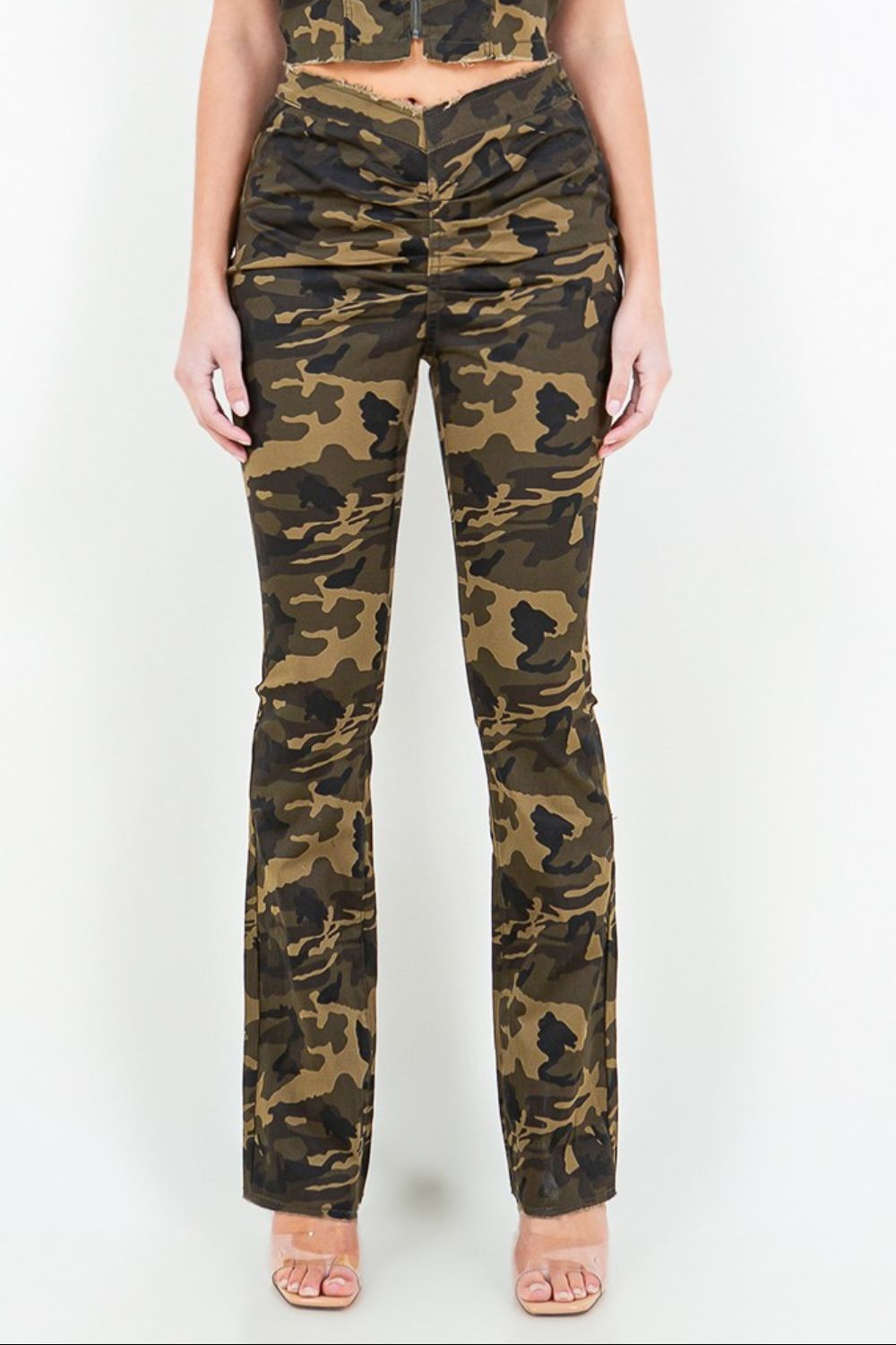 American Bazi V-Cut Ruched Camo Flare Pants