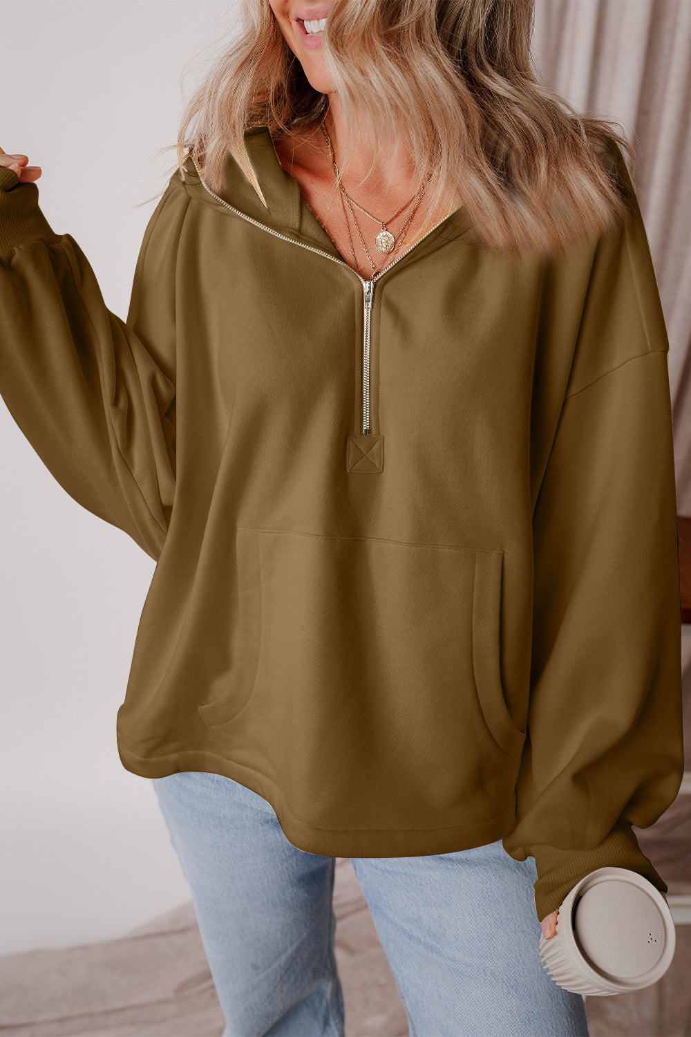 Pocketed Half Zip Dropped Shoulder Hoodie