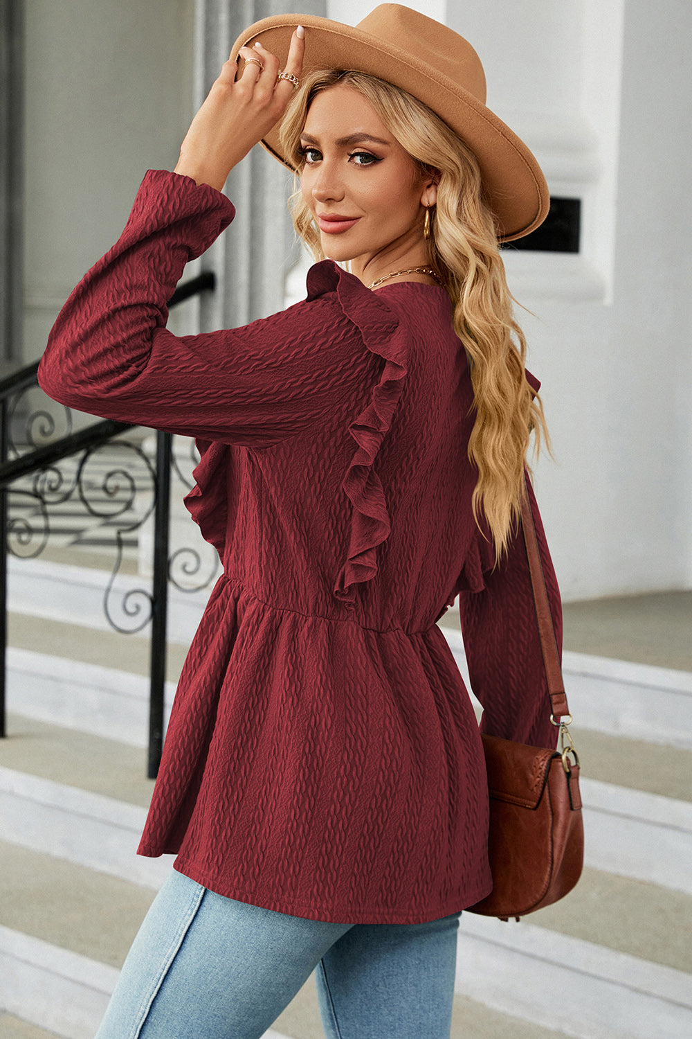 Ruffled Round Neck Balloon Sleeve Blouse