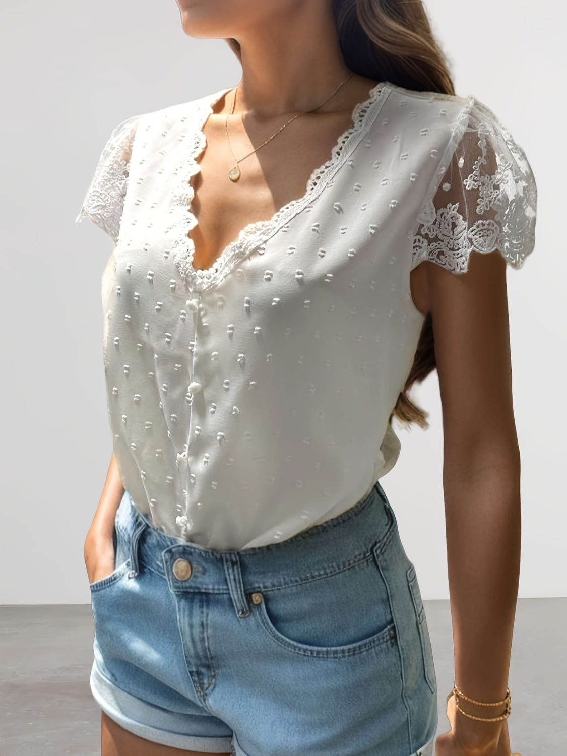 Swiss Dot Lace Detail V-Neck Cap Sleeve Blouse