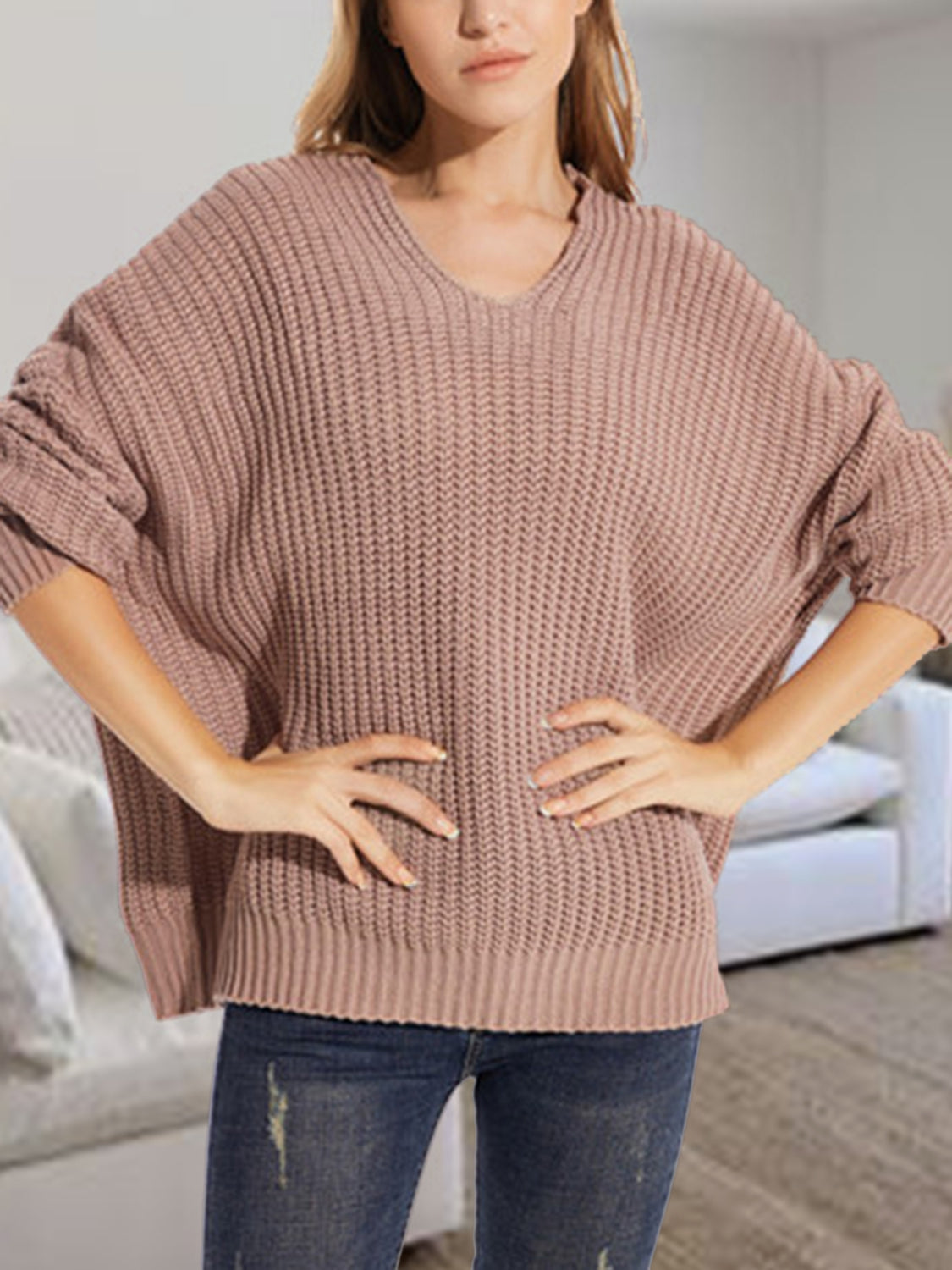 V-Neck Batwing Dropped Shoulder Sweater