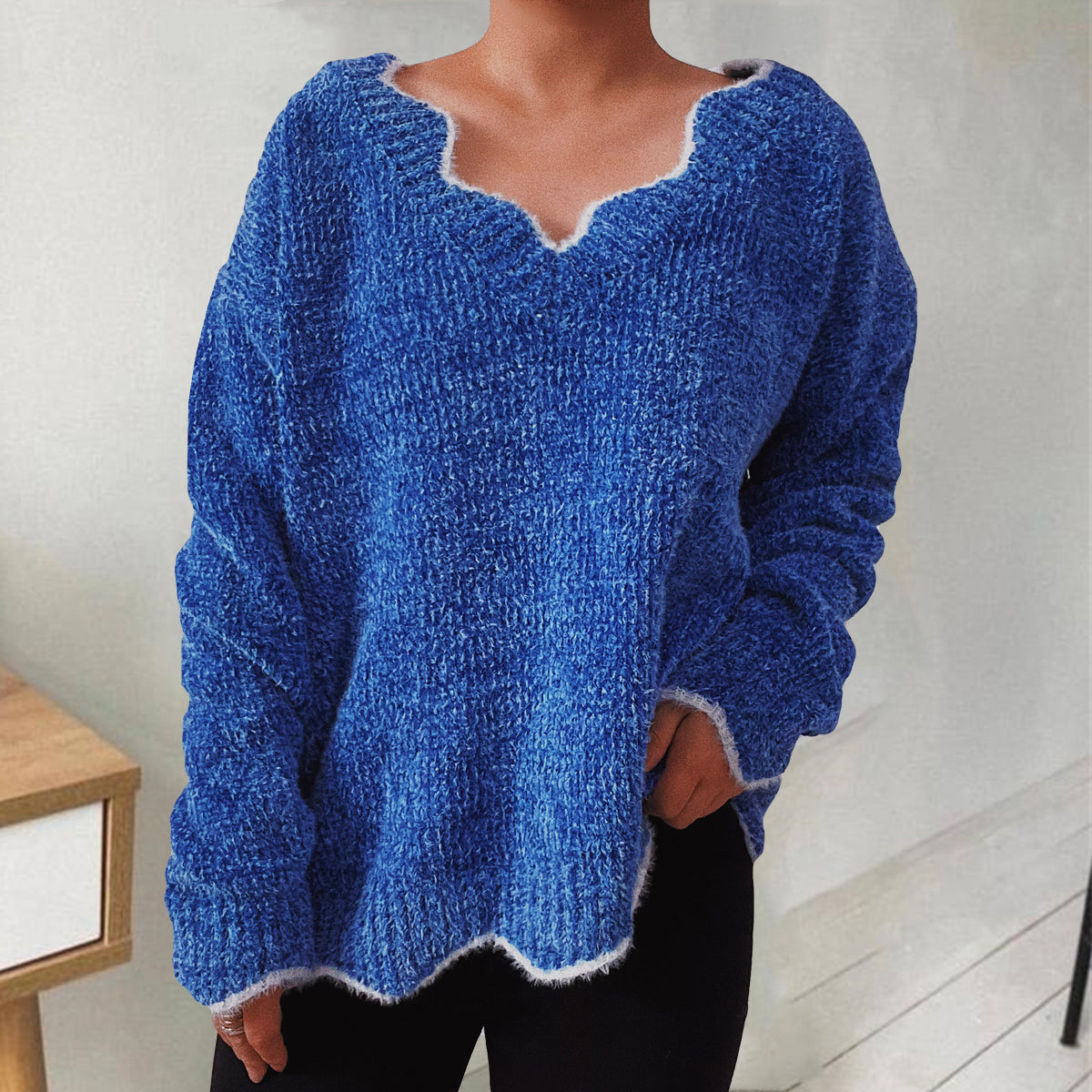 V-Neck Drop Shoulder Long Sleeve Sweater