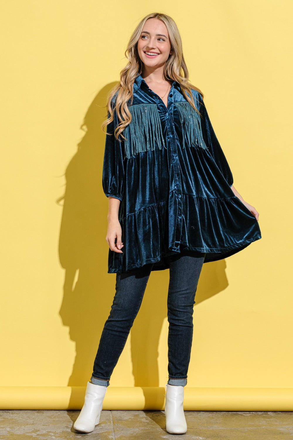 And The Why Fringe Detailed Velvet Shirt Dress