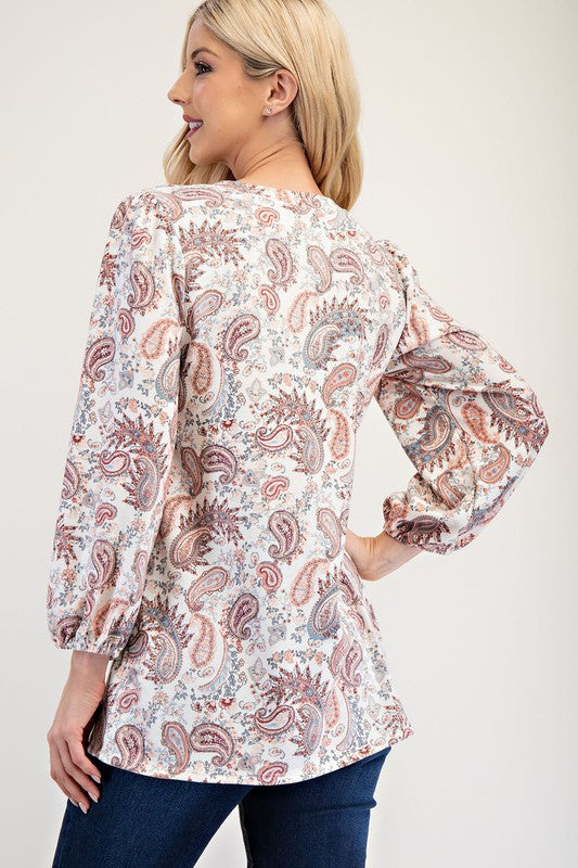 Celeste Full Size Paisley Round Neck Balloon Sleeve Top