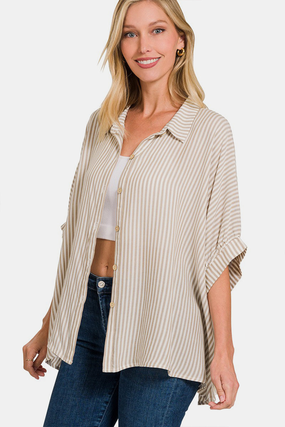 Zenana Striped Button Up Half Sleeve Shirt