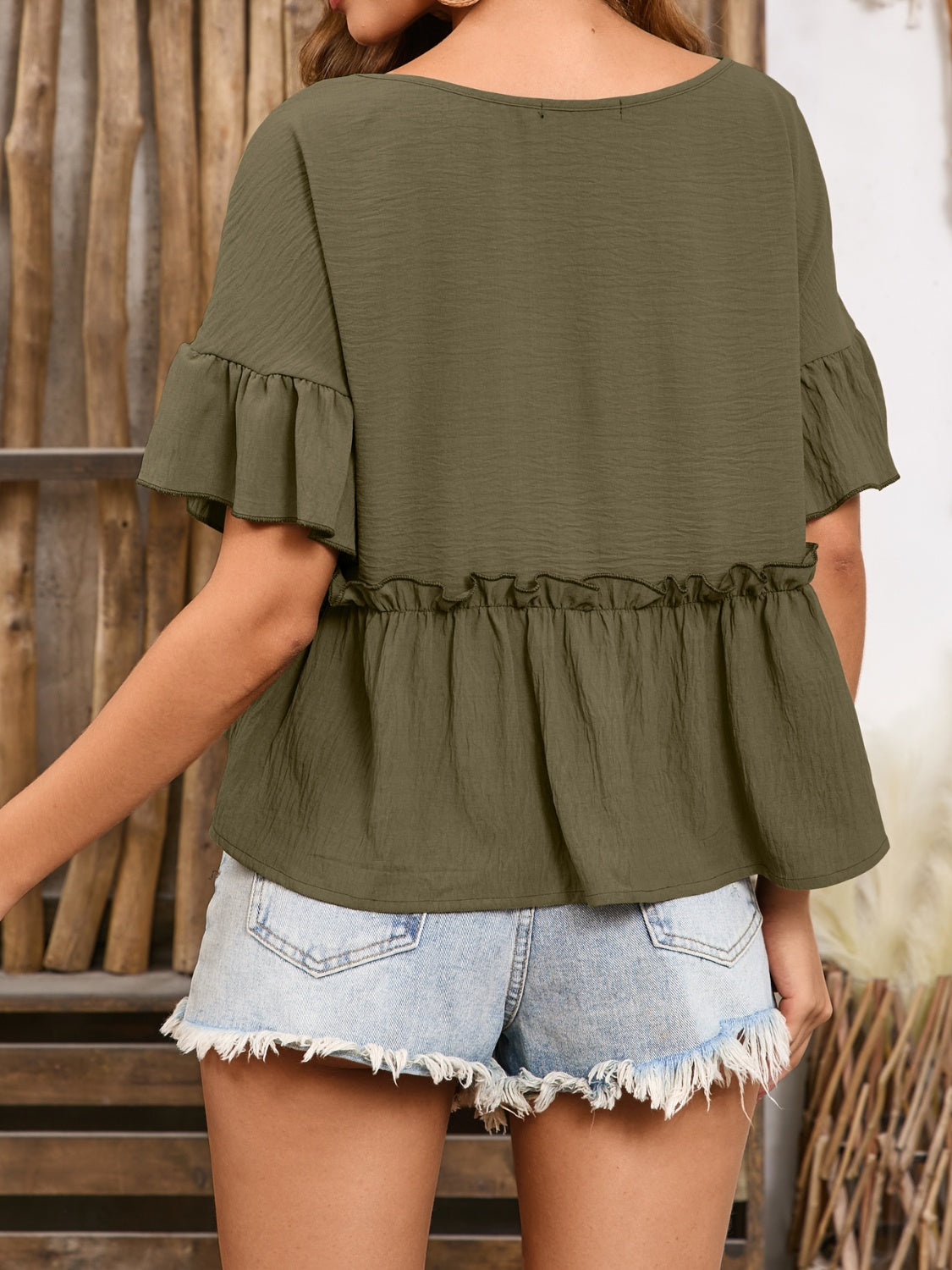 Frill Decorative Button Round Neck Half Sleeve Blouse