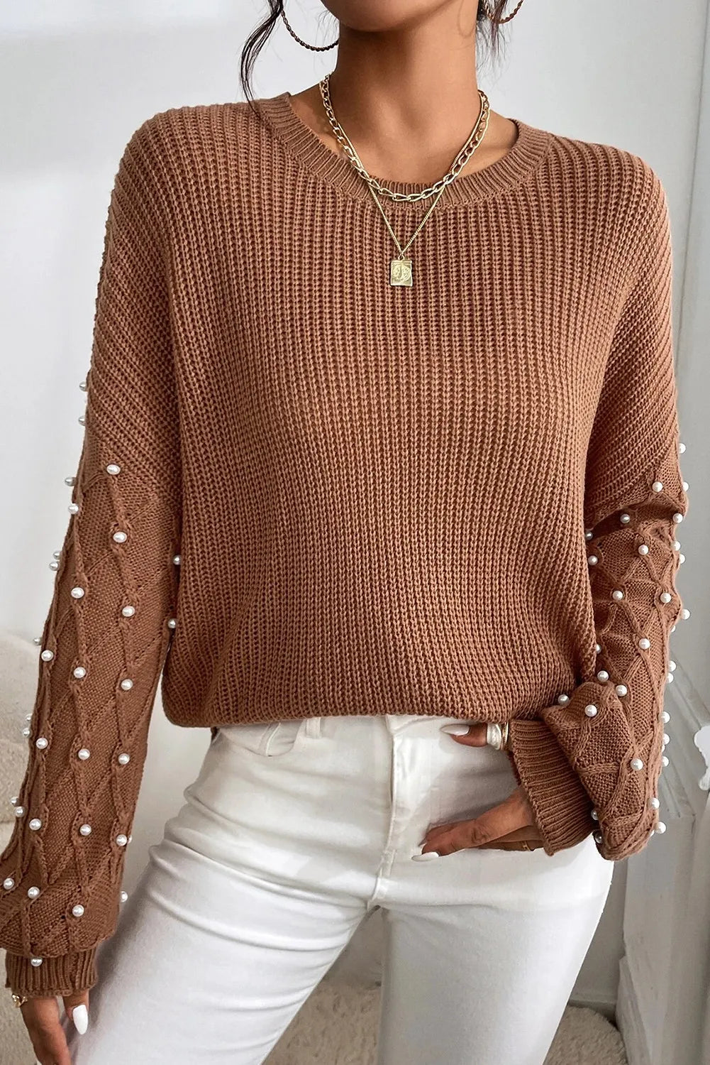 Pearl Detail Round Neck Long Sleeve Sweater