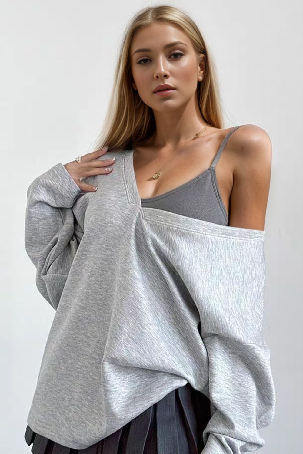 Basic Bae V-Neck Dropped Shoulder Long Sleeve Sweatshirt with Bra