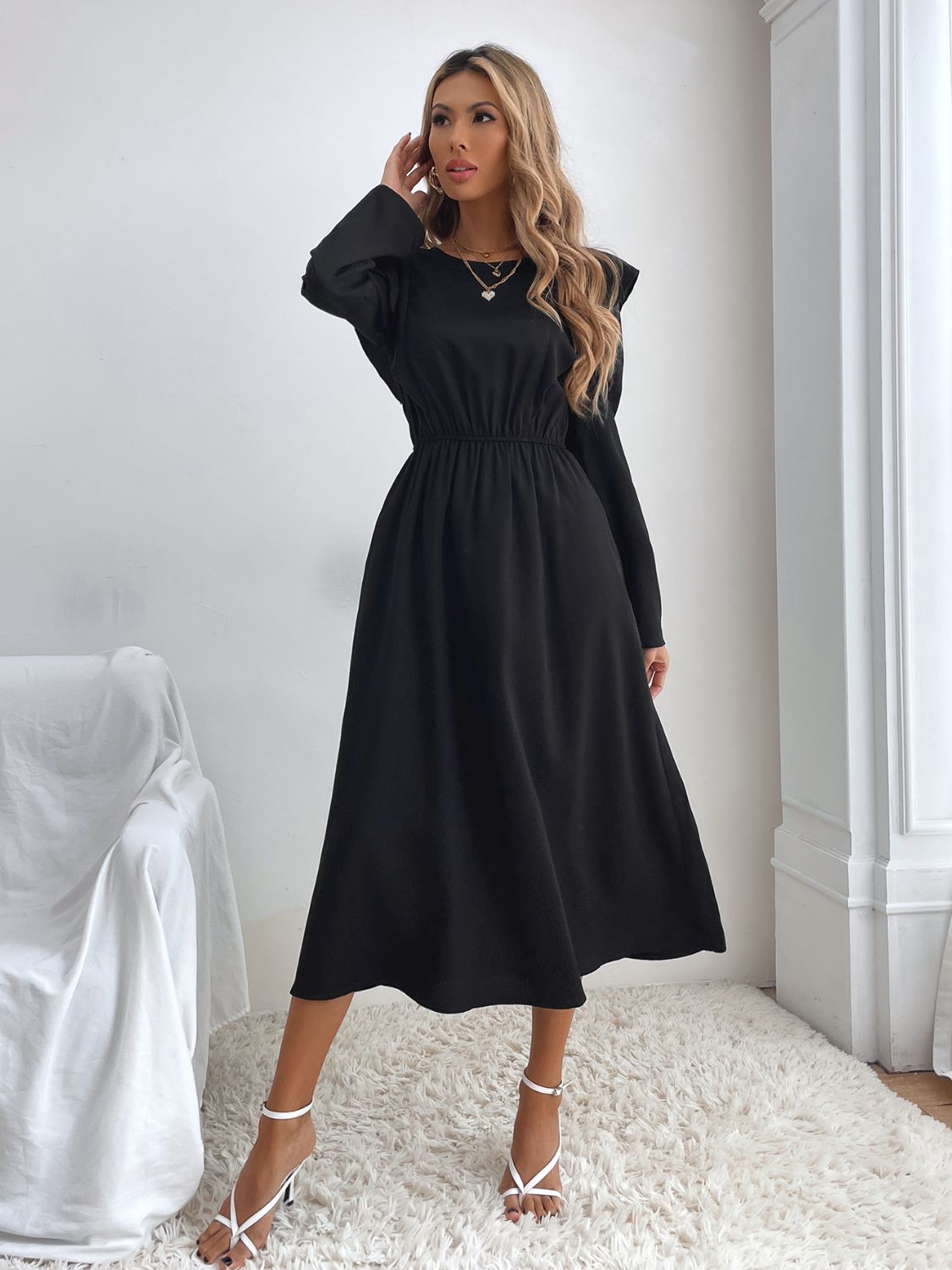 Ruched Ruffled Round Neck Long Sleeve Dress