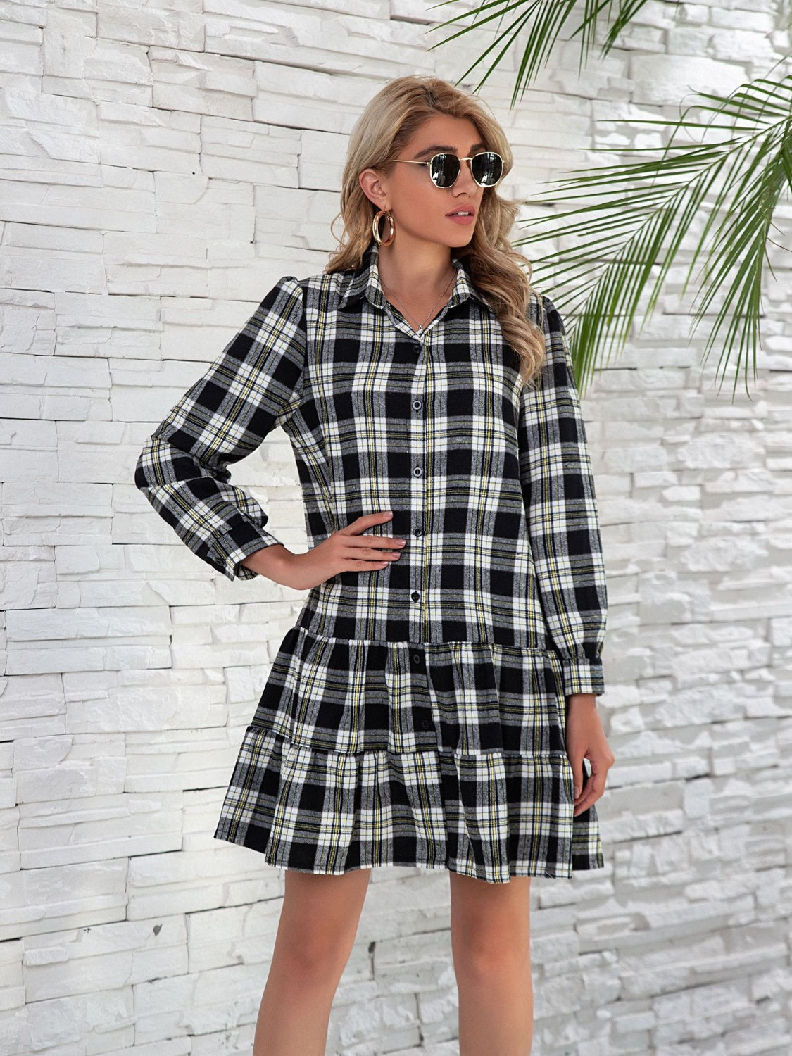 Ruffle Hem Plaid Button Down Long Sleeve Dress