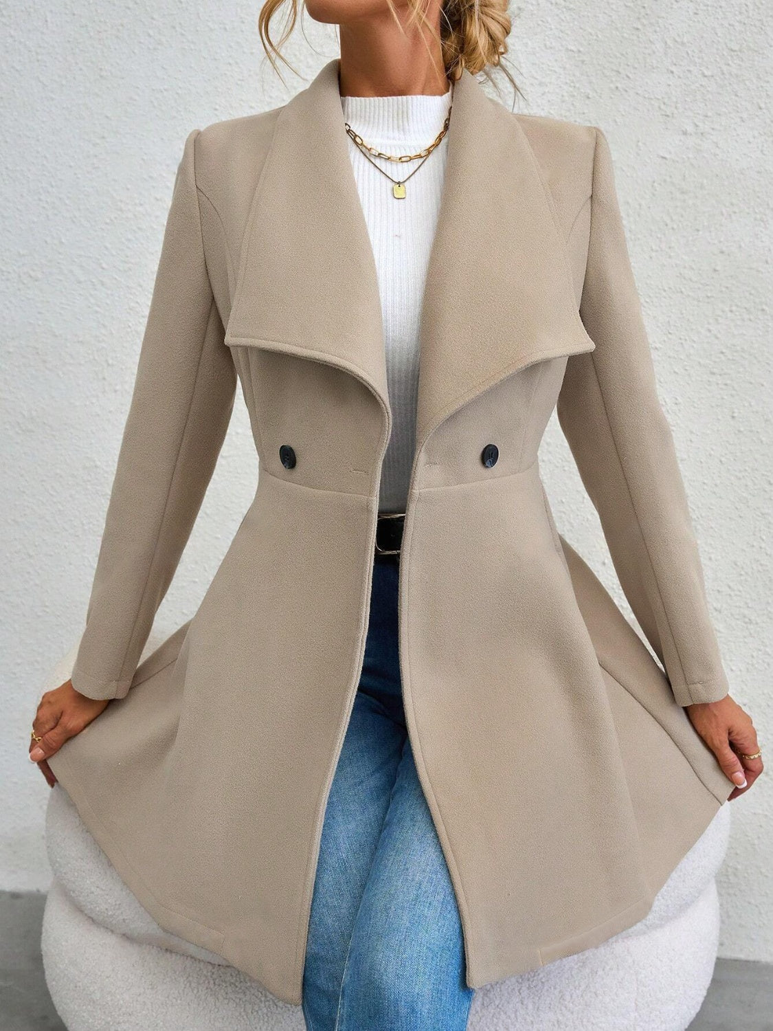 Collared Neck Button Up Long Sleeve Coat