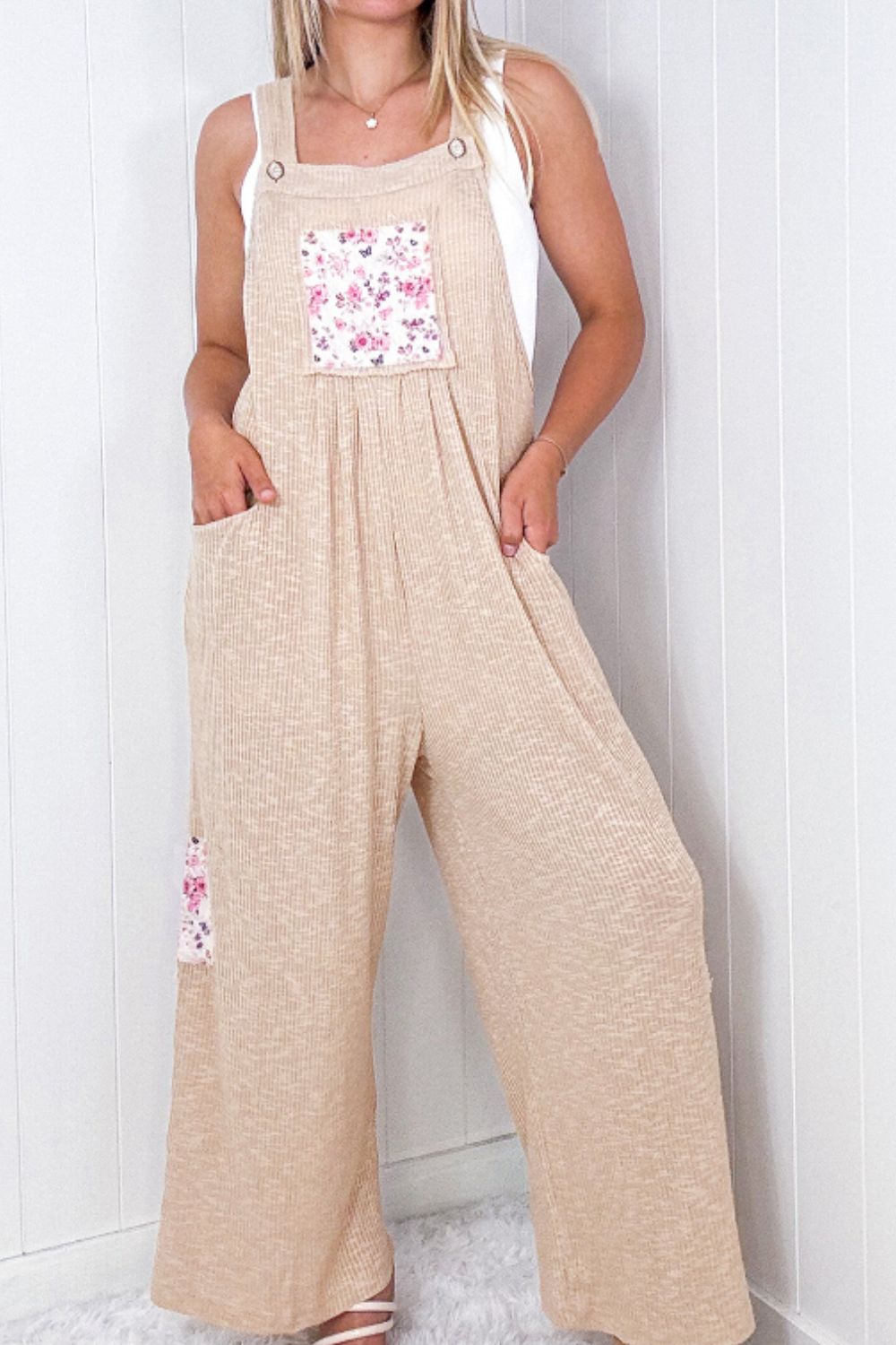 Floral Patch Wide Strap Wide Leg Overalls