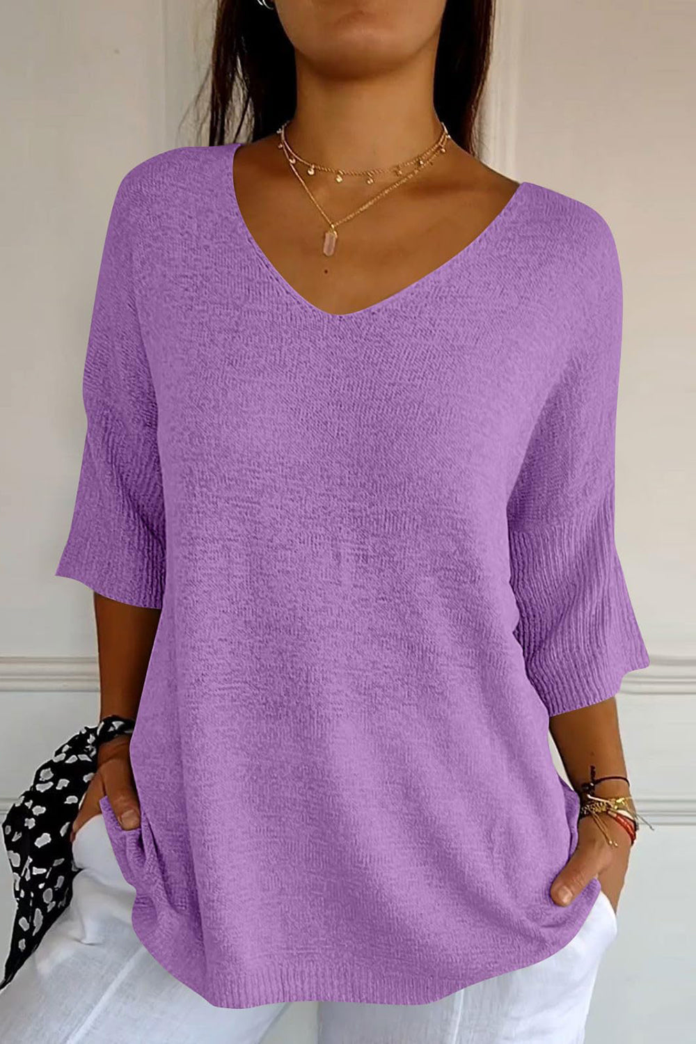 V-Neck Three-Quarter Sleeve Knit Top