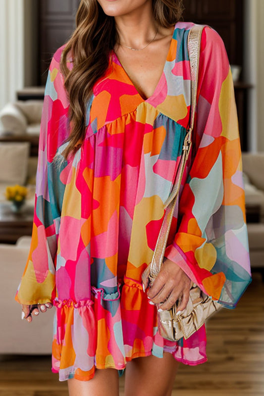 Color Block V-Neck Long Sleeve Dress