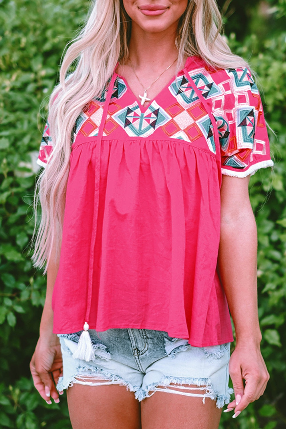 Embroidered Tie Neck Short Sleeve Blouse