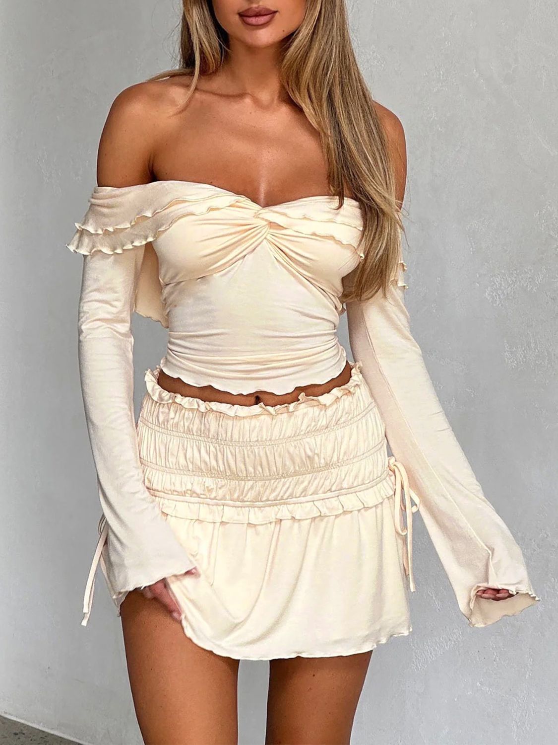 Devine Twisted Ruffled Off-Shoulder Long Sleeve T-Shirt