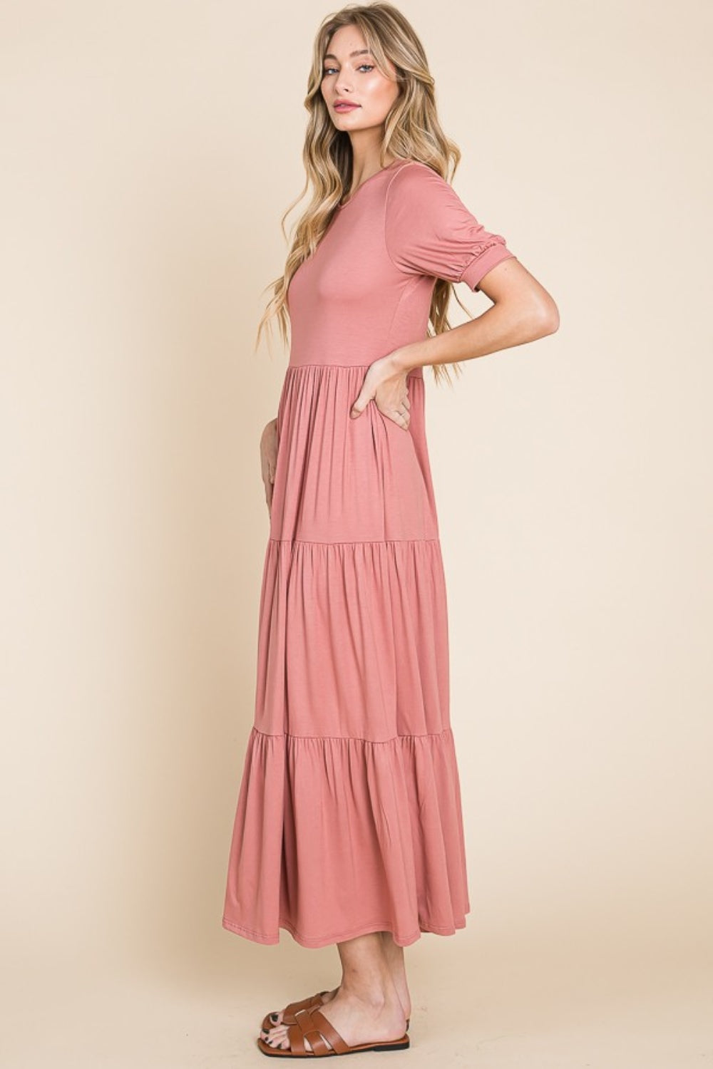 BOMBOM Short Sleeve Tiered Maxi Dress