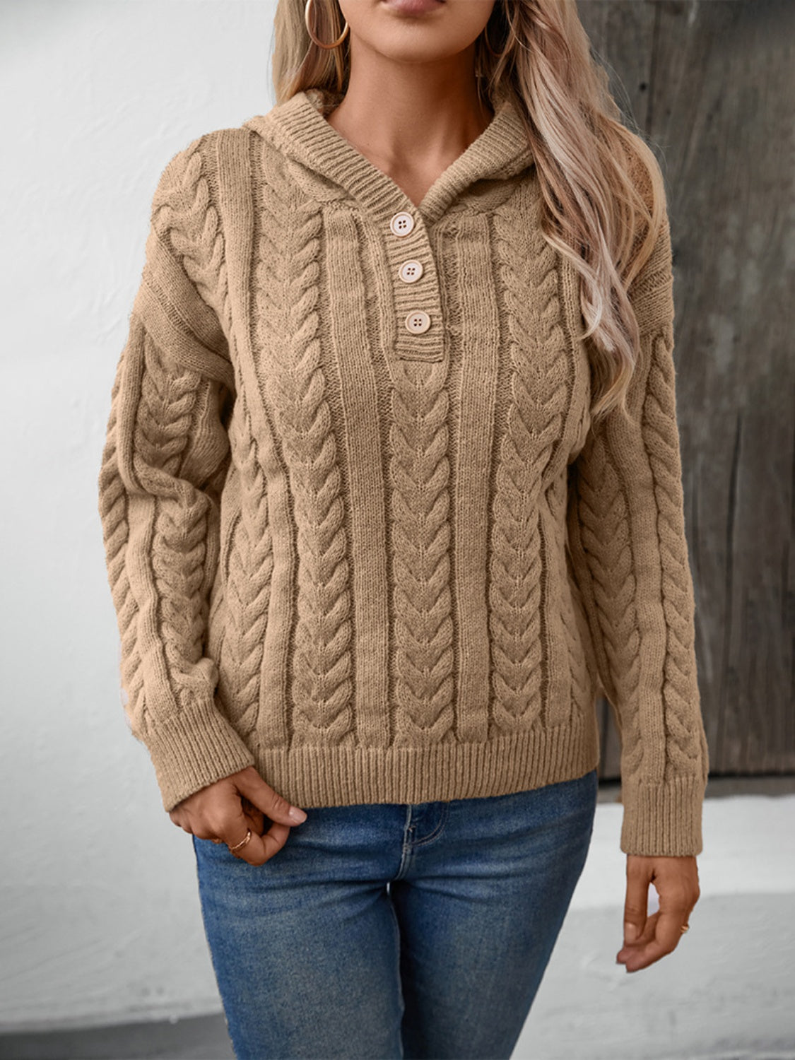 Cable-Knit Long Sleeve Hooded Sweater