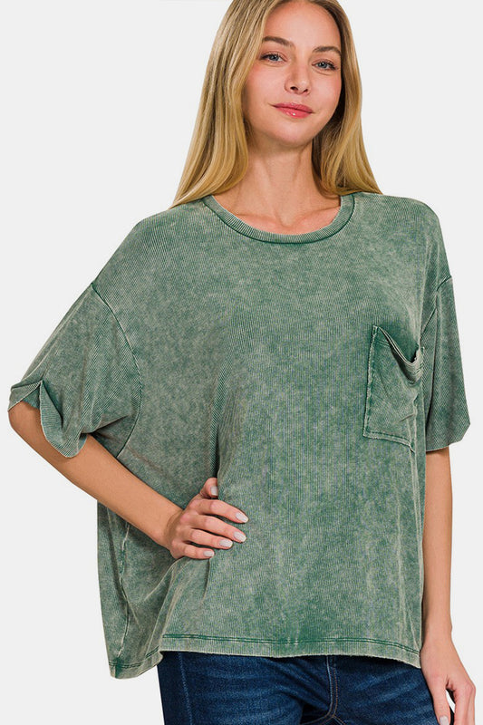 Zenana Ribbed Round Neck Drop Shoulder T-Shirt