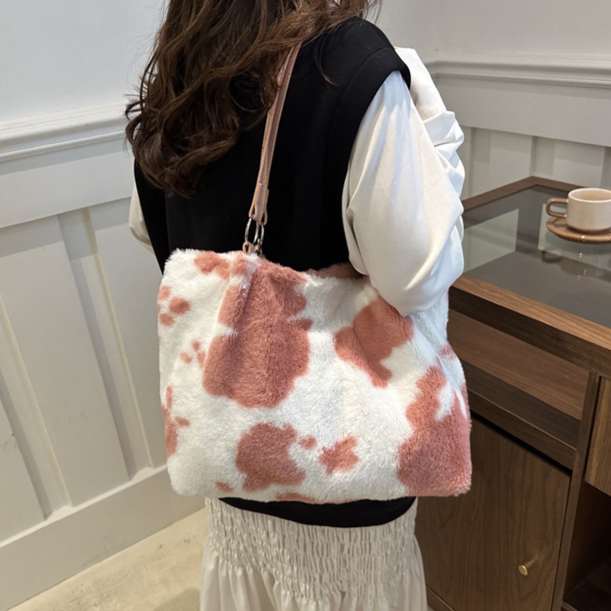 Cow Print Furry Tote Bag