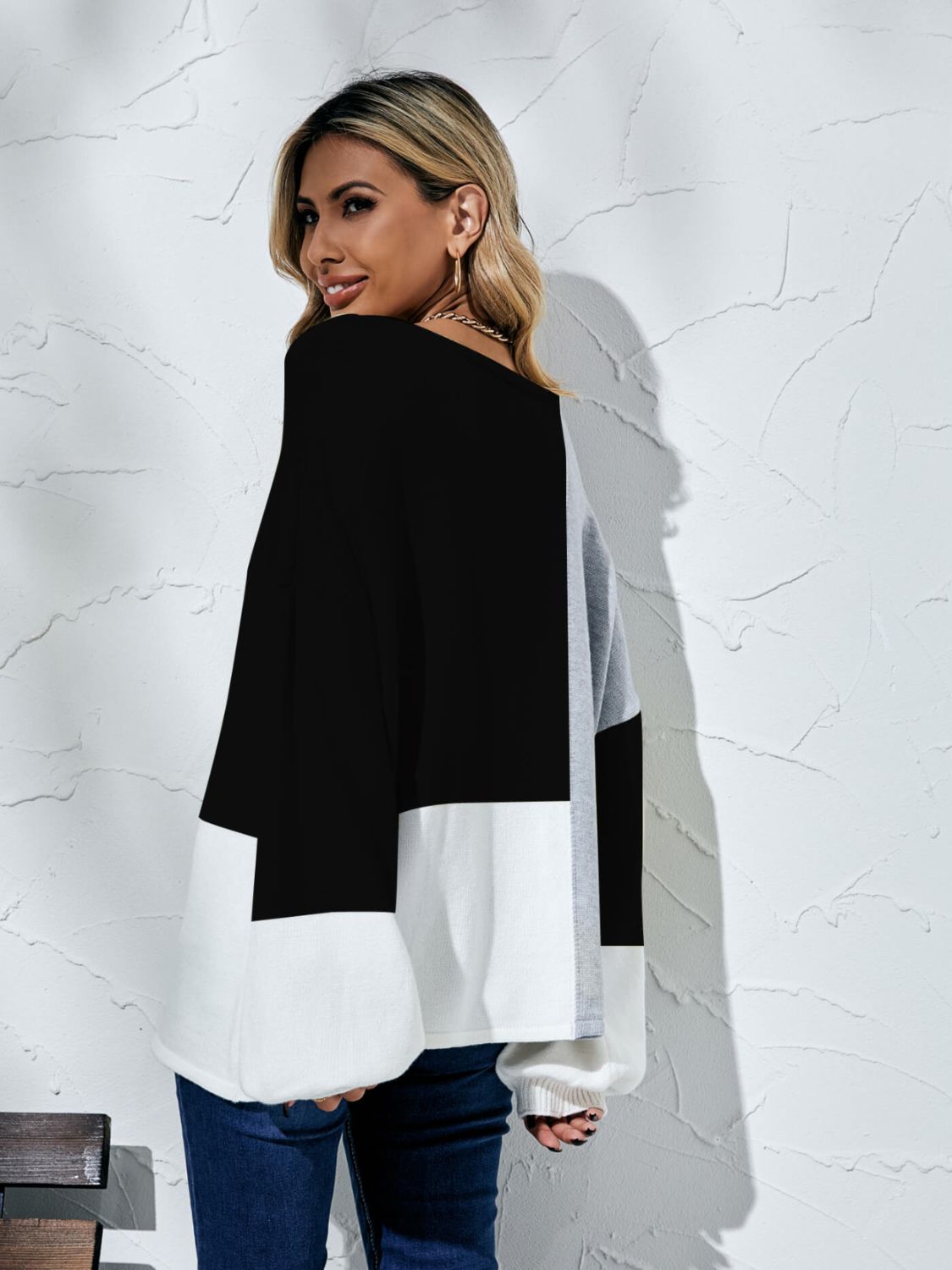 Angel Wings Color Block Balloon Sleeve Boat Neck Sweater