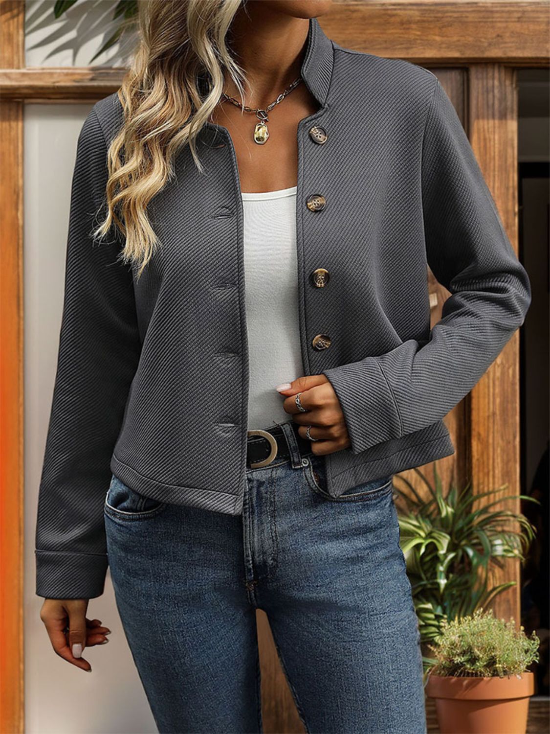 Perfee Textured Button Up Long Sleeve Jacket