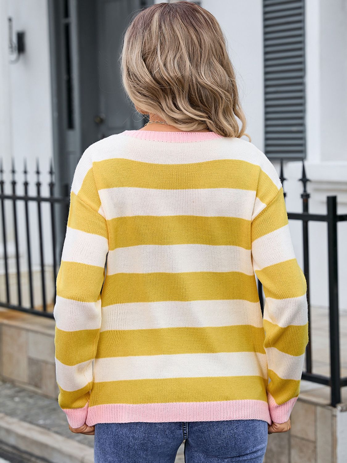 Striped Round Neck Dropped Shoulder Sweater