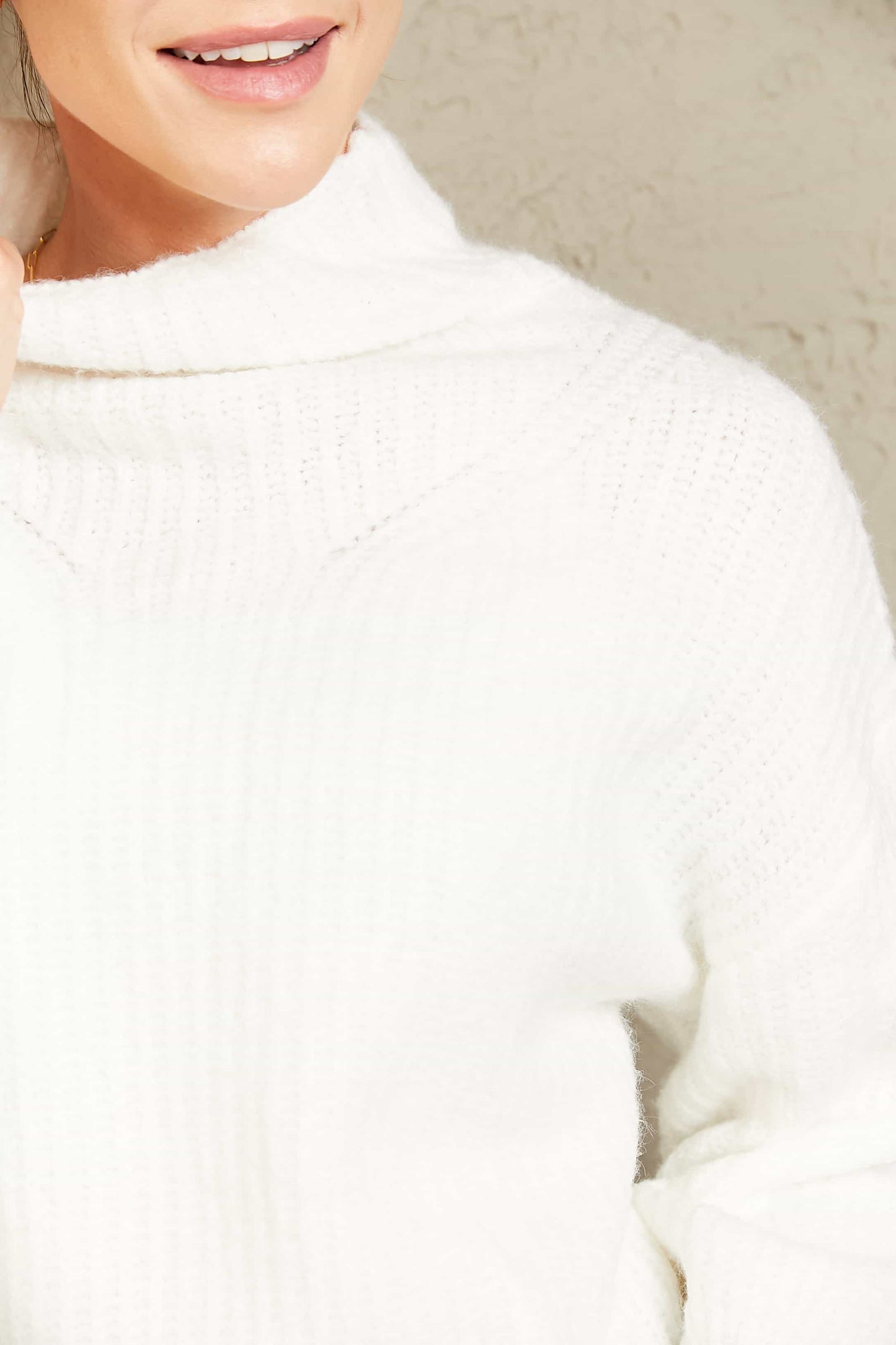 Woven Right High Neck Balloon Sleeve Rib-Knit Pullover Sweater