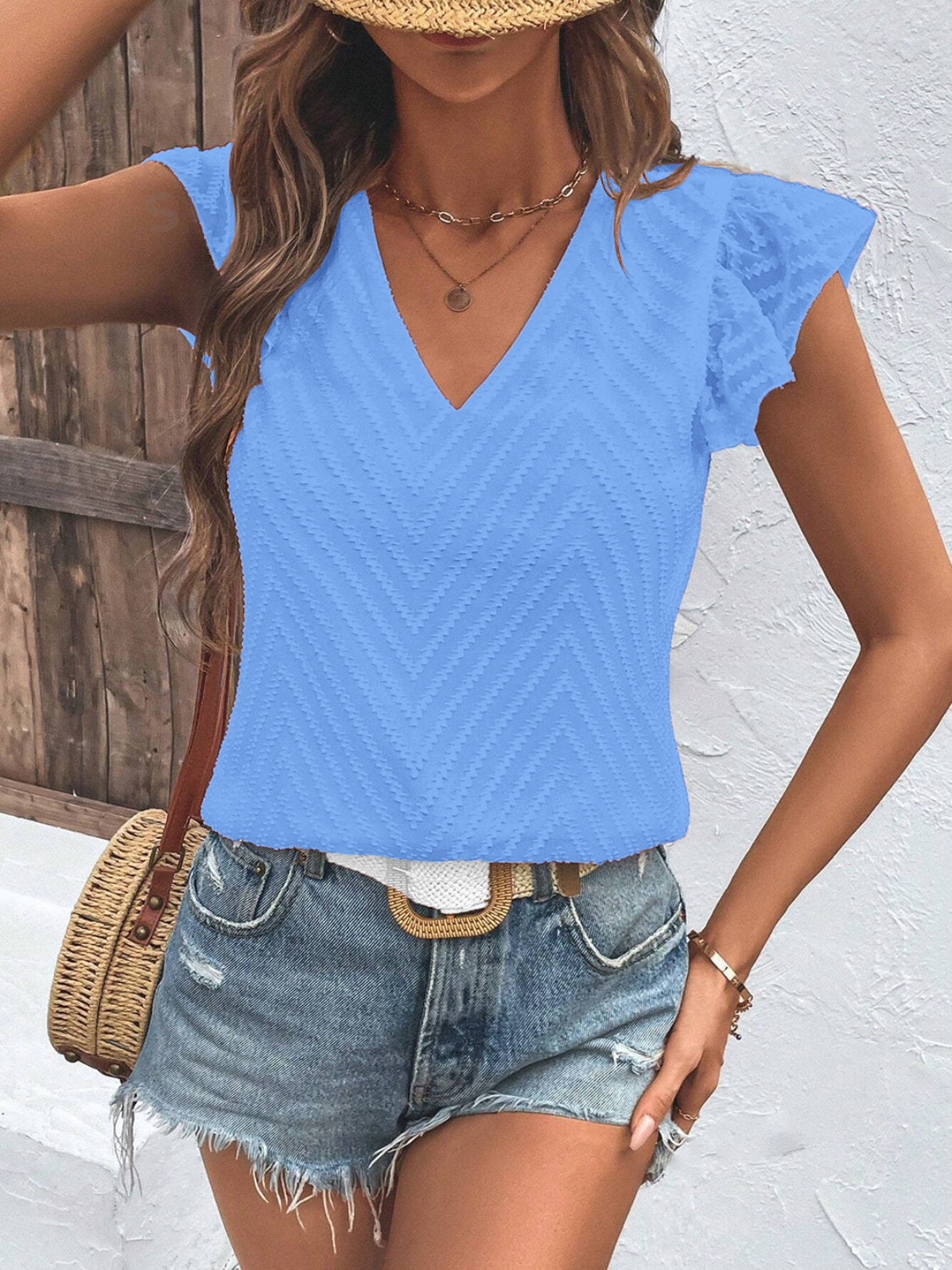 Textured V-Neck Cap Sleeve Blouse