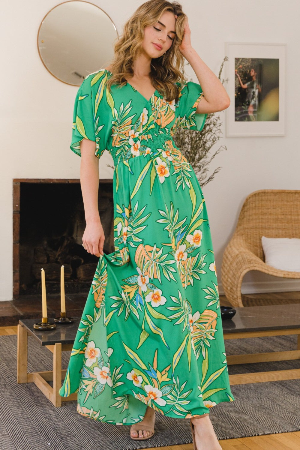 ODDI – Maxikleid in voller Größe mit Blumenmuster, gesmoktem Saum und Bindeband hinten