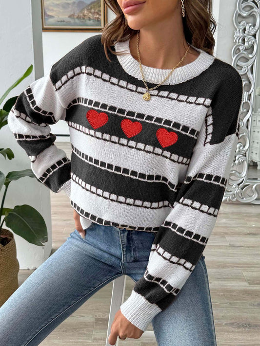 Heart Round Neck Long Sleeve Sweater