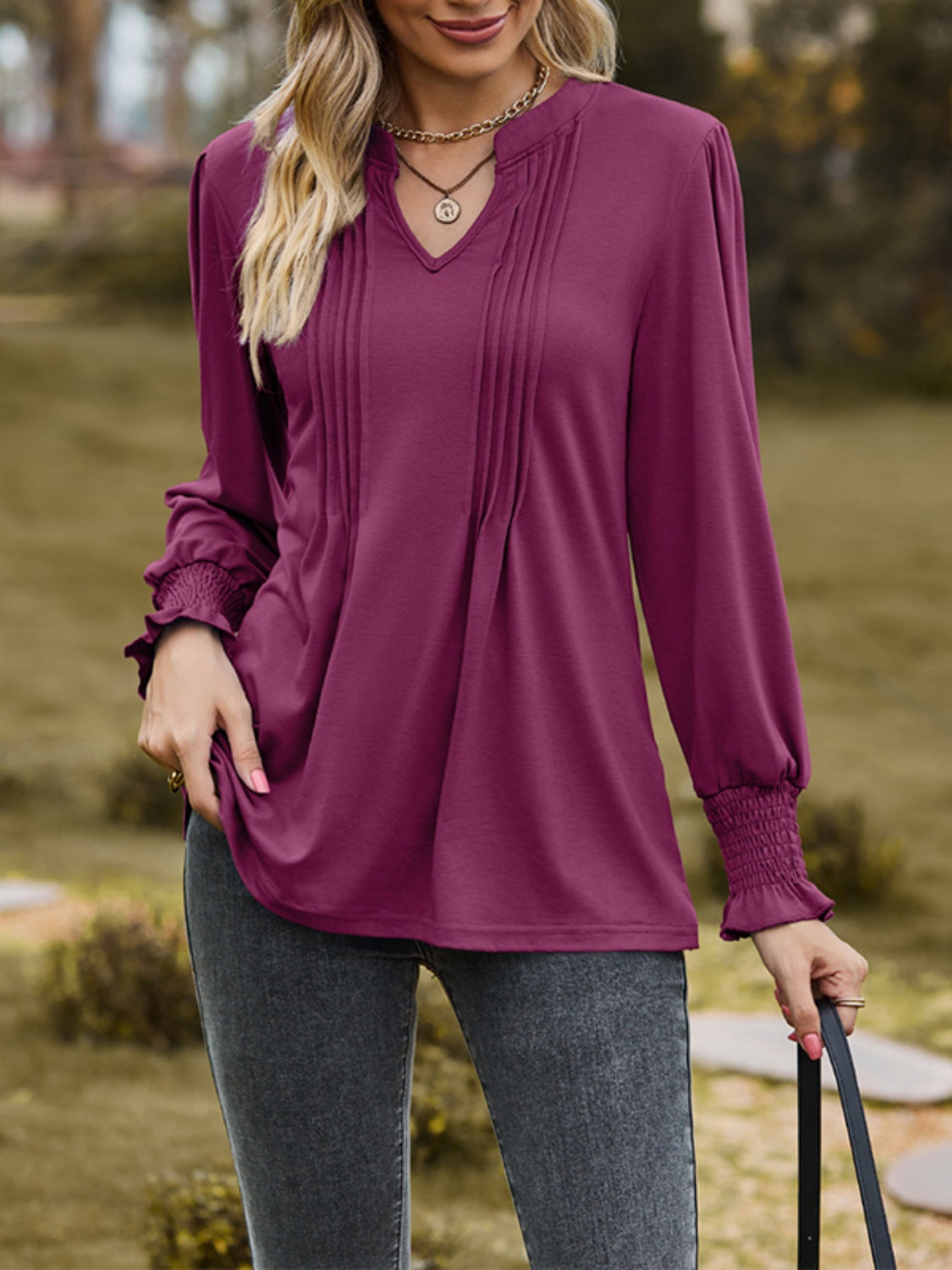 Ruched Notched Long Sleeve T-Shirt