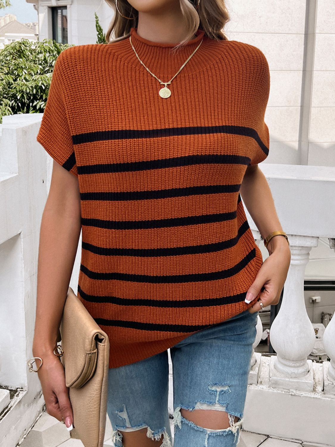 Striped Mock Neck Short Sleeve Sweater