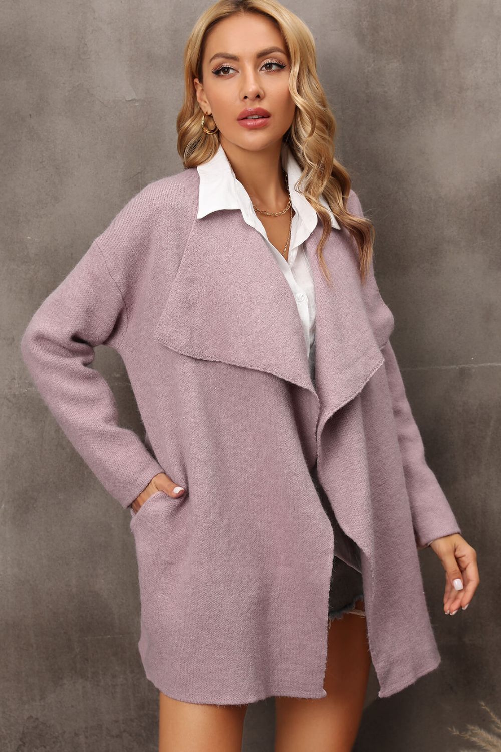 Angel Wings Waterfall Collar Longline Cardigan with Side Pockets