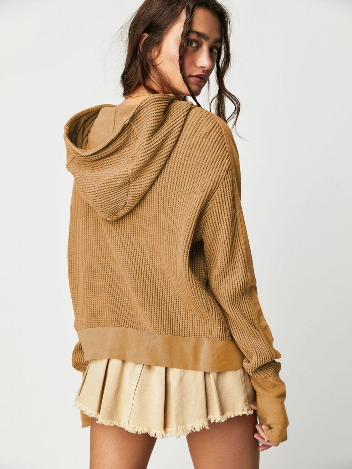 Waffle-Knit Dropped Shoulder Hooded Jacket