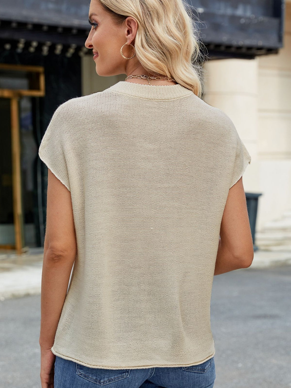 Exposed Seam Round Neck Short Sleeve Sweater