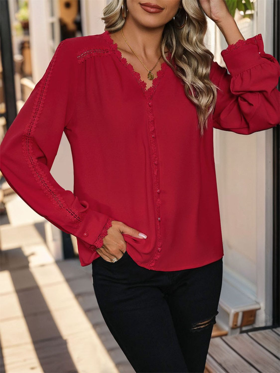 Lace Detail V-Neck Long Sleeve Blouse