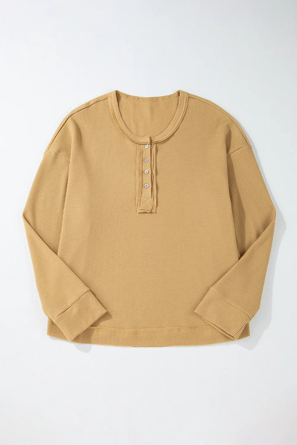 Waffle-Knit Half Button Round Neck Long Sleeve Top