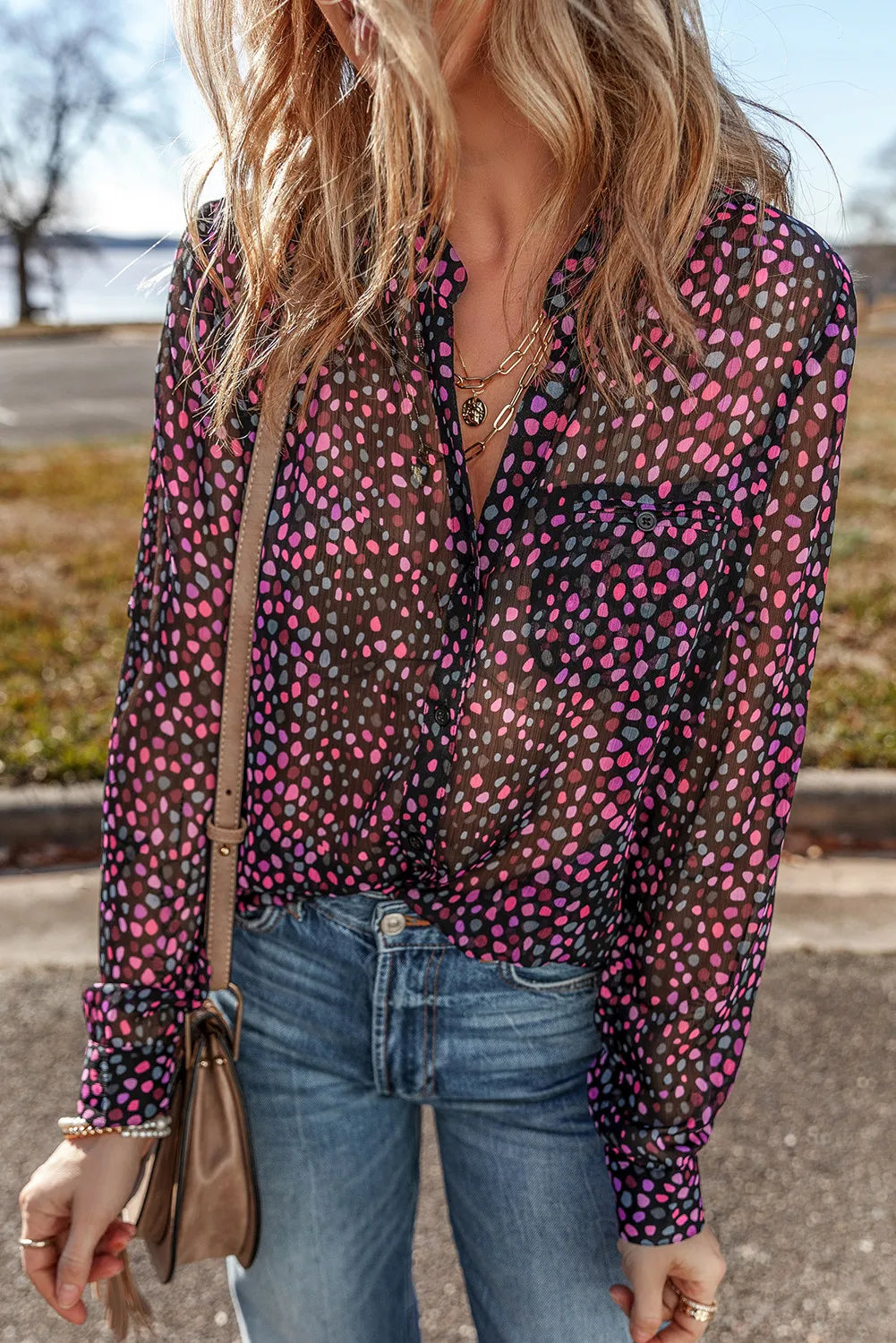 Printed Notched Long Sleeve Blouse