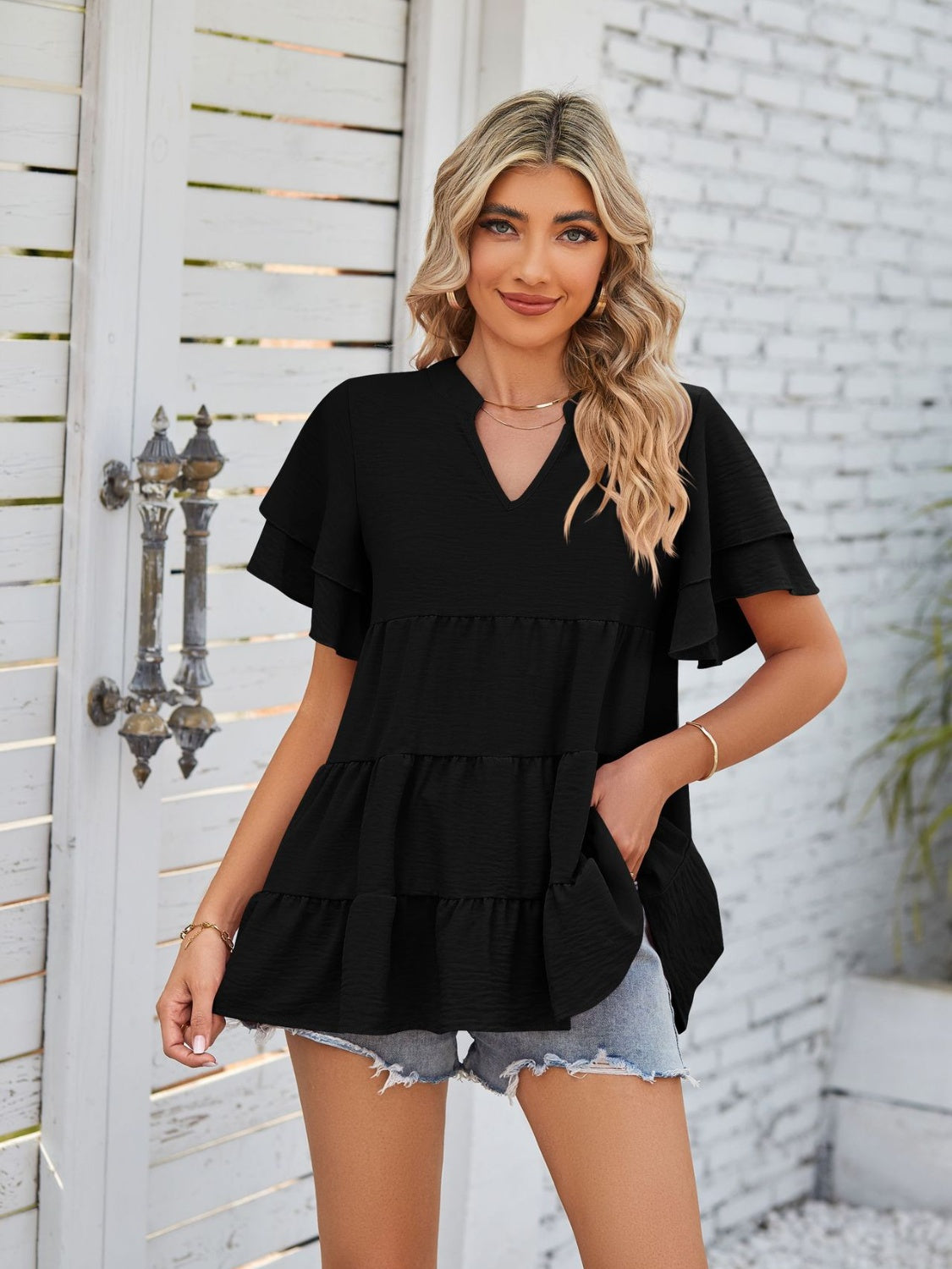 Tiered Notched Short Sleeve Blouse