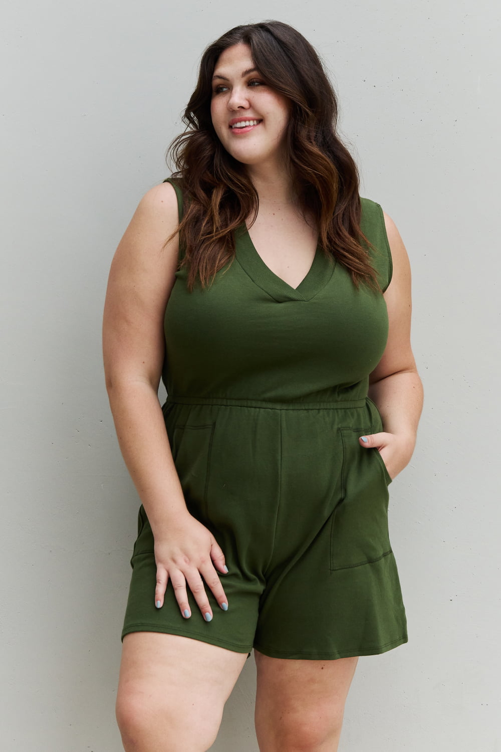 Zenana Forever Yours Full Size V-Neck Sleeveless Romper in Army Green