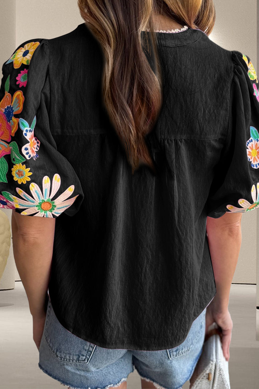 Embroidered Tie Neck Half Sleeve Blouse