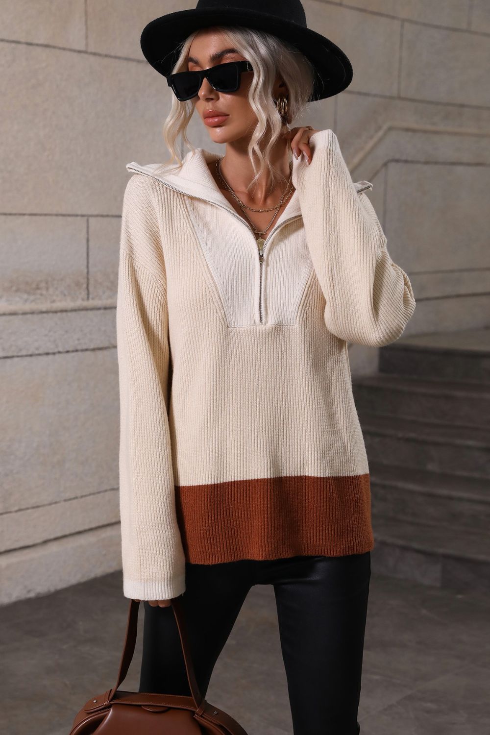 Color Block Half-Zip Dropped Shoulder Knit Pullover